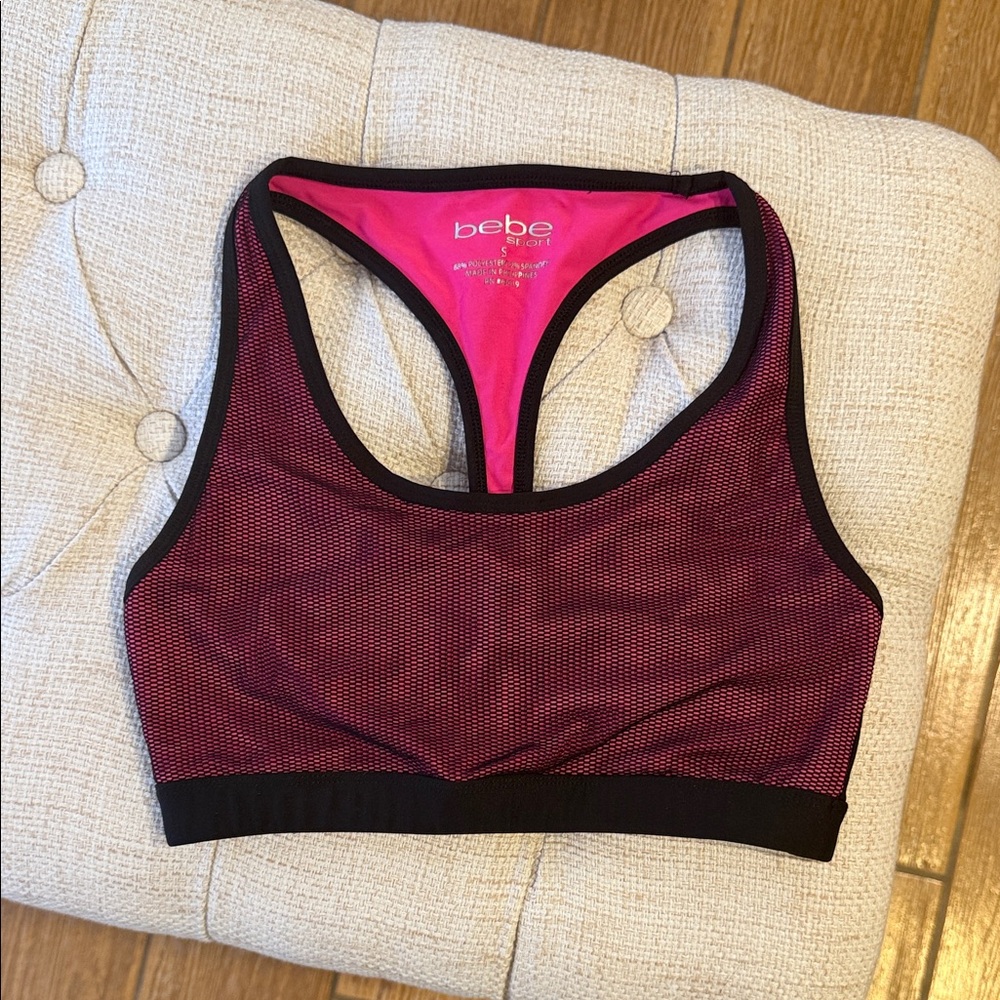 Bebe Women's Black and Pink Sports Bra Black Net Overlay S